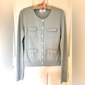 ALLUDE Robin’s egg blue 100% cashmere cardigan w/ pockets & elbow patches. Sz S